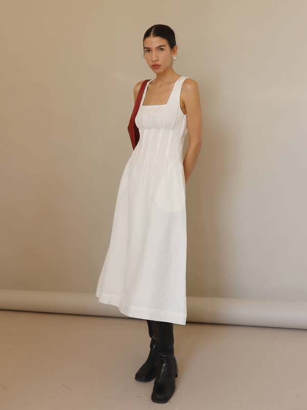 plain white fitted wedding dress Black Check Linen-Blend Cora Midi Dress main image 0