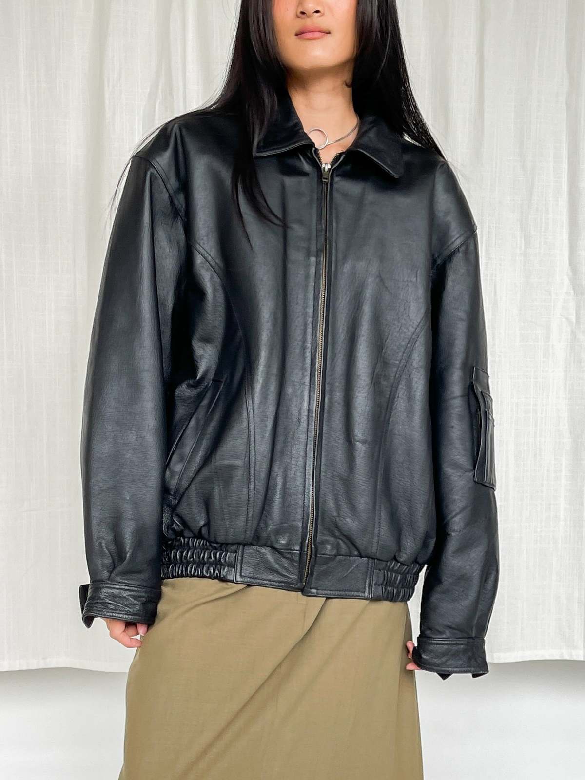 Leather Bomber Zip Jacket - Black | Garmentory