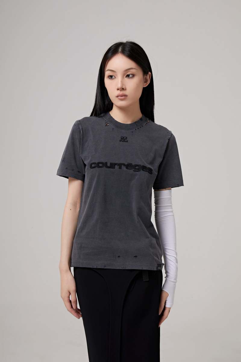 新しい COURREGES DISTRESSED DRY JERSEY T SHIRT - STONEWHASHED GREY Tシャツ(半袖/袖なし)