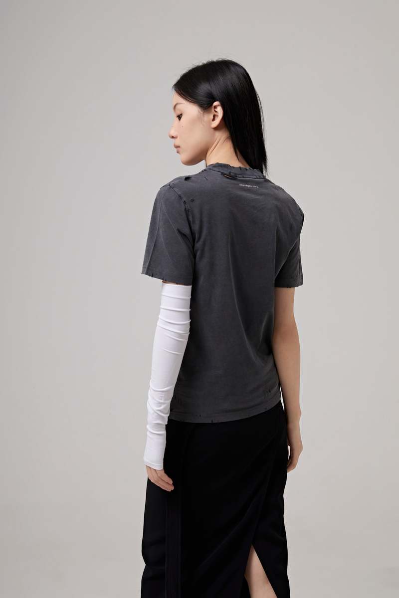 COURREGES DISTRESSED DRY JERSEY T SHIRT - STONEWHASHED GREY