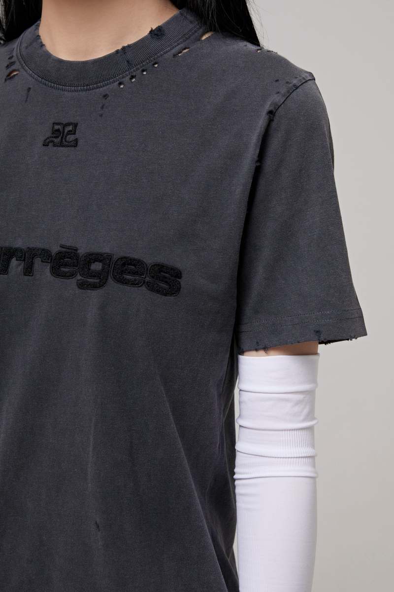 COURREGES DISTRESSED DRY JERSEY T SHIRT - STONEWHASHED GREY
