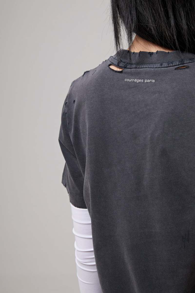 COURREGES DISTRESSED DRY JERSEY T SHIRT - STONEWHASHED GREY