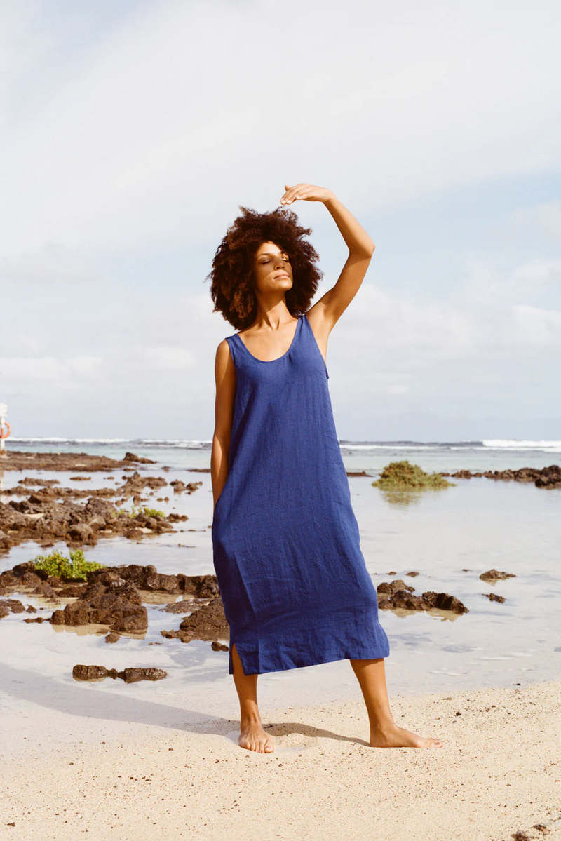 knee length dresses for ladies Tailored Navy Linen Shift Dress main image 1