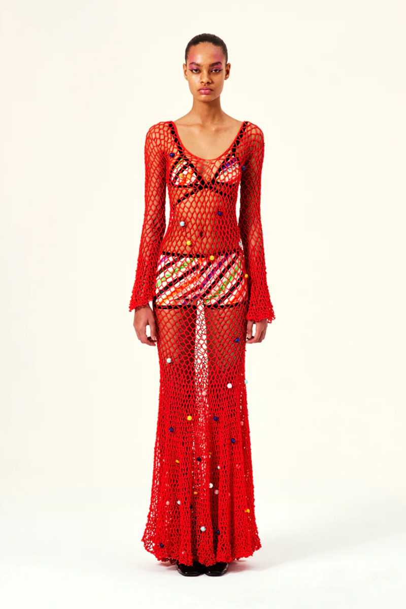Siedres Multicolor Beads Willow Hand Knit Flared Maxi Dress - Coral