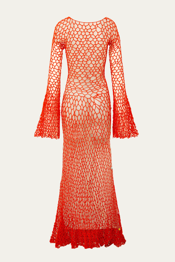 Siedres Multicolor Beads Willow Hand Knit Flared Maxi Dress - Coral |  Garmentory