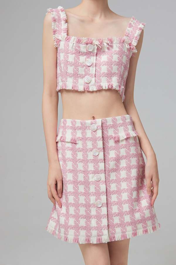 Oscar De La Renta Gingham Tweed Cropped Tank - Ivory/Pink