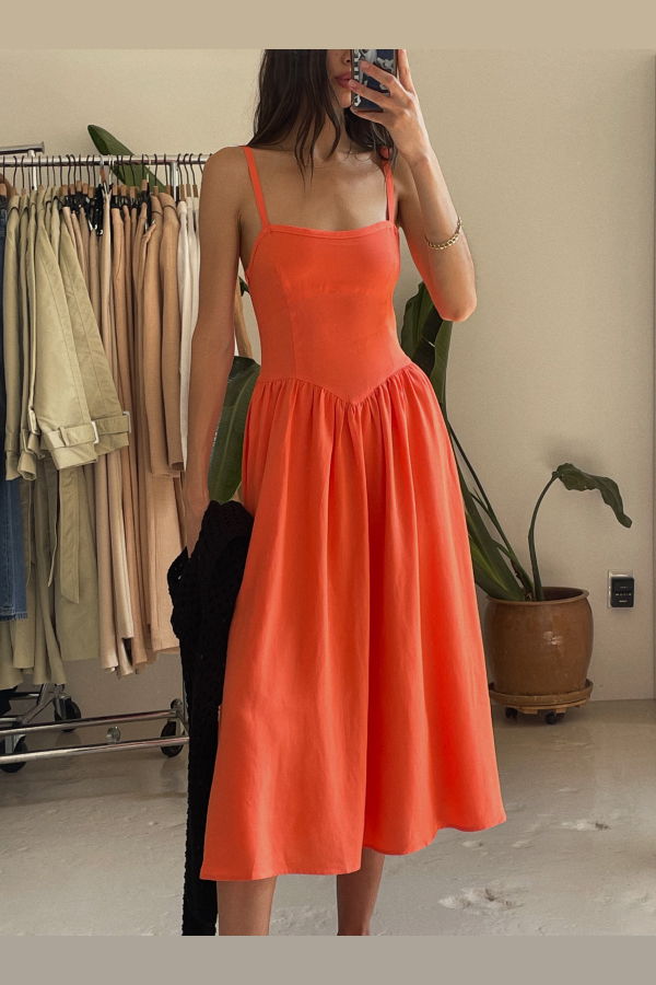 Sophie Rue Coral Vida Linen Midi Dress - Coral Orange