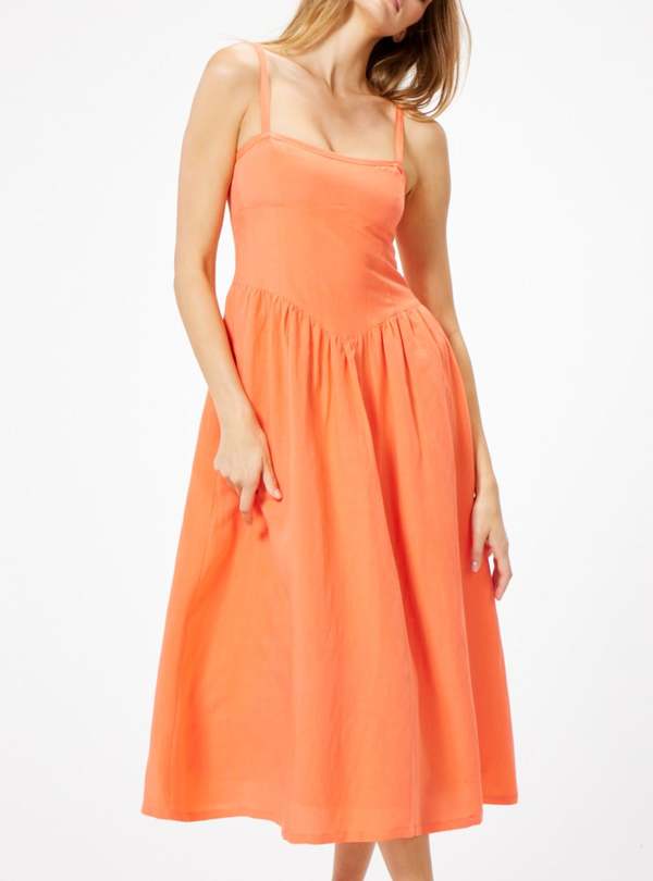 Sophie Rue Coral Vida Linen Midi Dress - Coral Orange