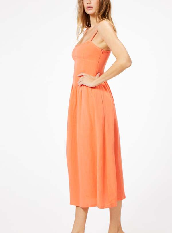 Sophie Rue Coral Vida Linen Midi Dress - Coral Orange
