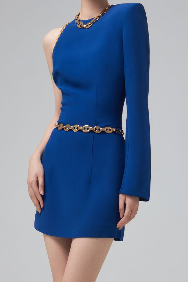 ROWEN ROSE Sabl One-Shoulder Mini Dress With Integrated Chain - Dark Blue