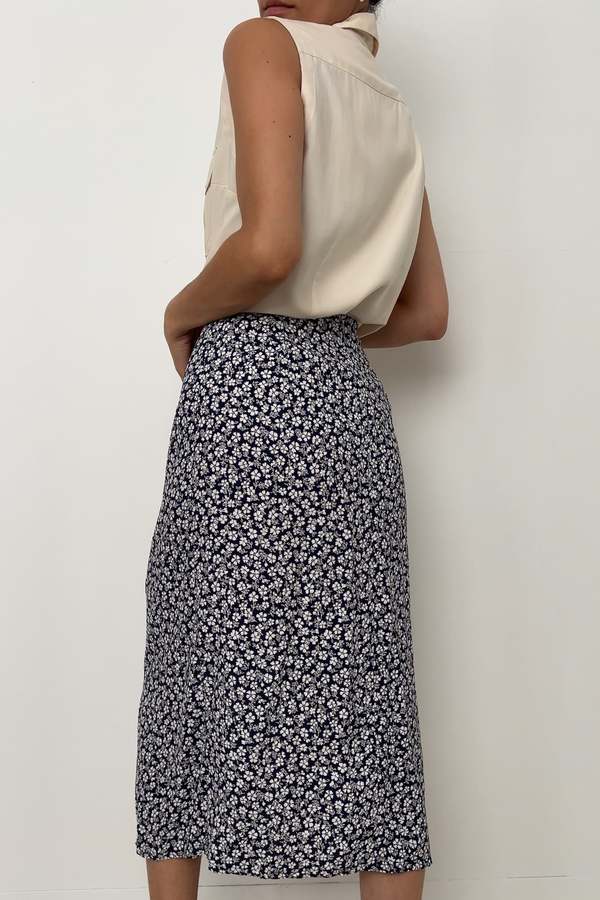 Vintage Rayon Floral Print Skirt Navy/Daisy Garmentory