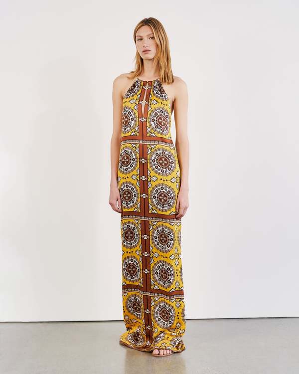 chinese dress ladies Designer Yellow Maxi Scarf Dress