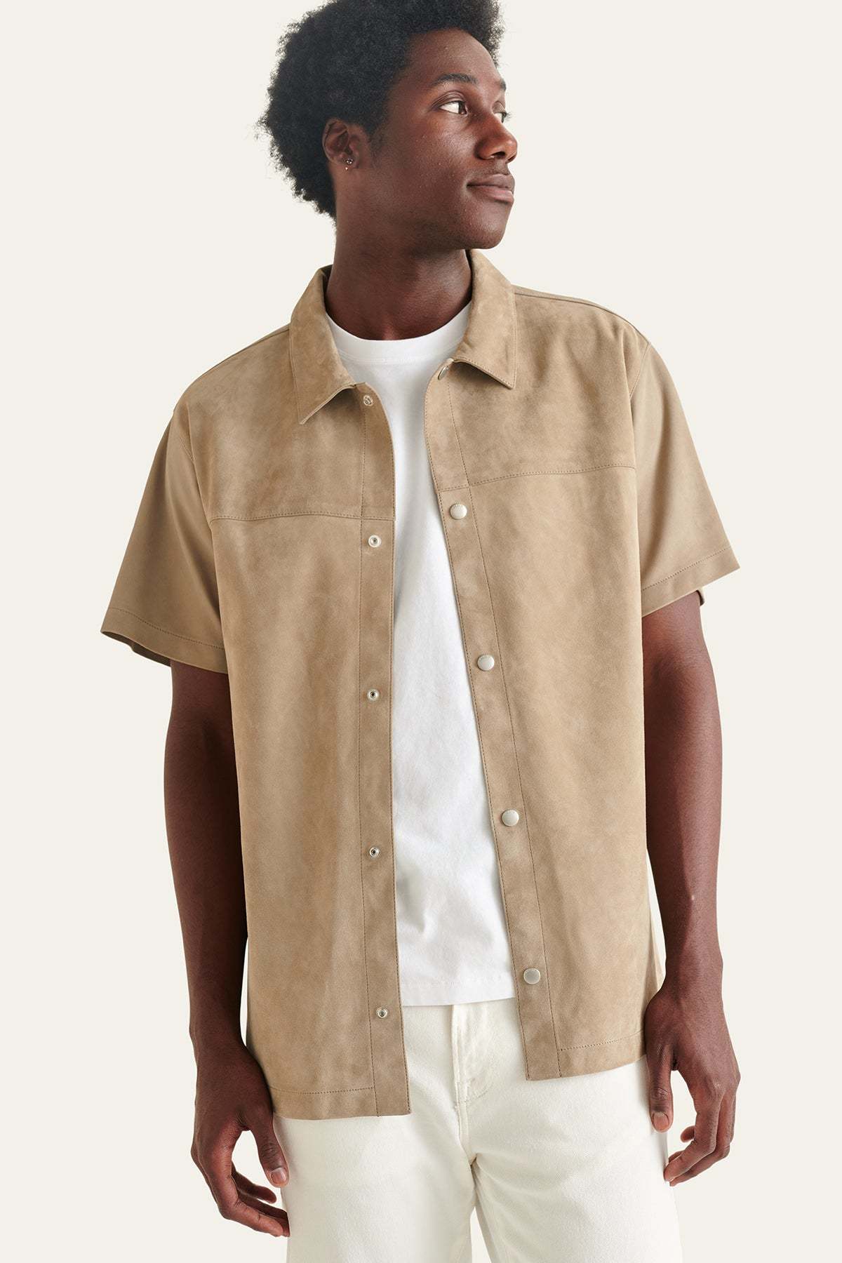 Frame Short Sleeve Suede Shirt - Sand Beige | Garmentory