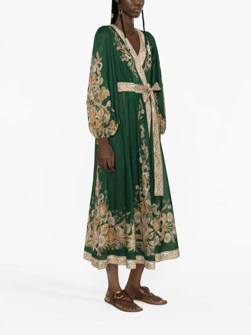 Zimmermann Devi Wrap Midi Dress - Emerald Paisley