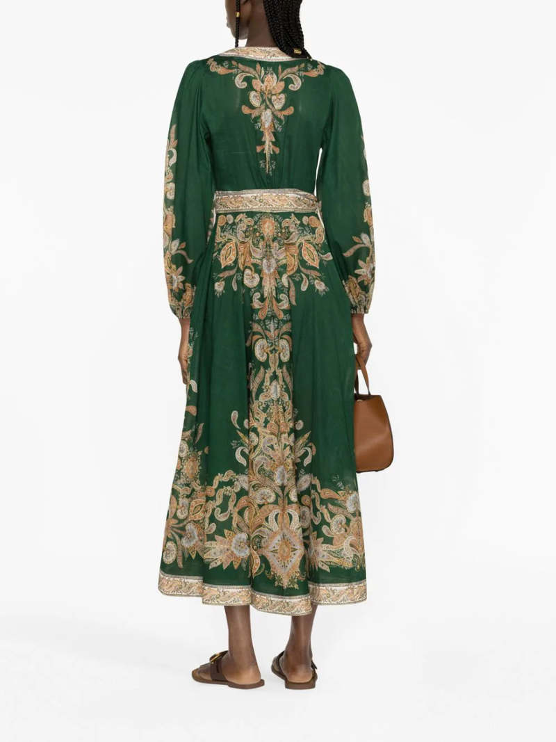 Zimmermann Devi Wrap Midi Dress - Emerald Paisley
