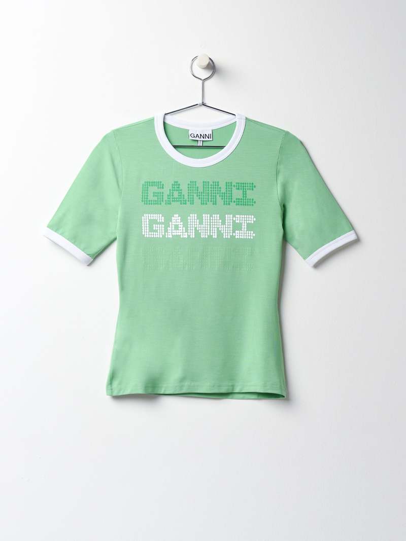 ★Ganni★ Stretch Logo Fit Short Sleeve T-Shirt Peapod T3352 Light-Stretch-Jersey-Ganni-Fit