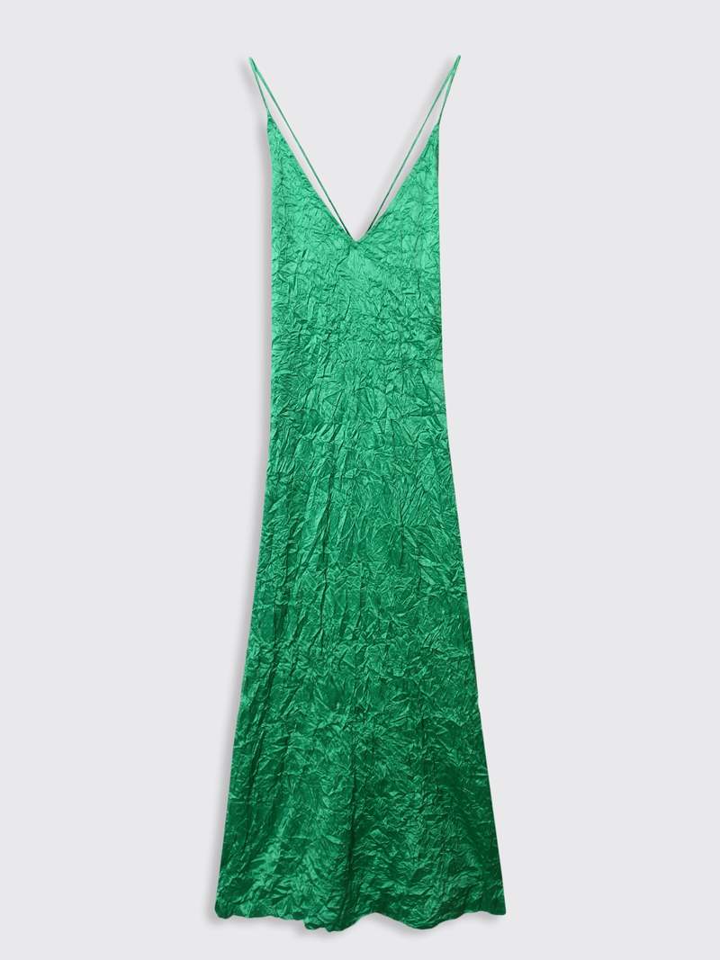 Ganni Crinkled Satin Slip Dress - Bright Green | Garmentory