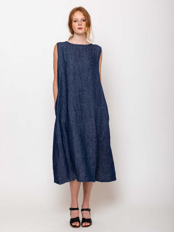 ICHI ANTIQUITES Linen Denim Dress - Navy | Garmentory