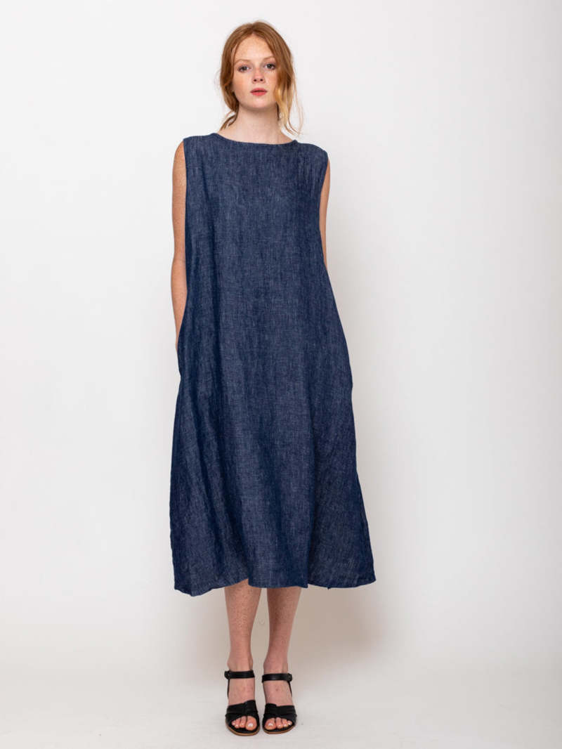 ICHI ANTIQUITES Linen Denim Dress - Navy | Garmentory
