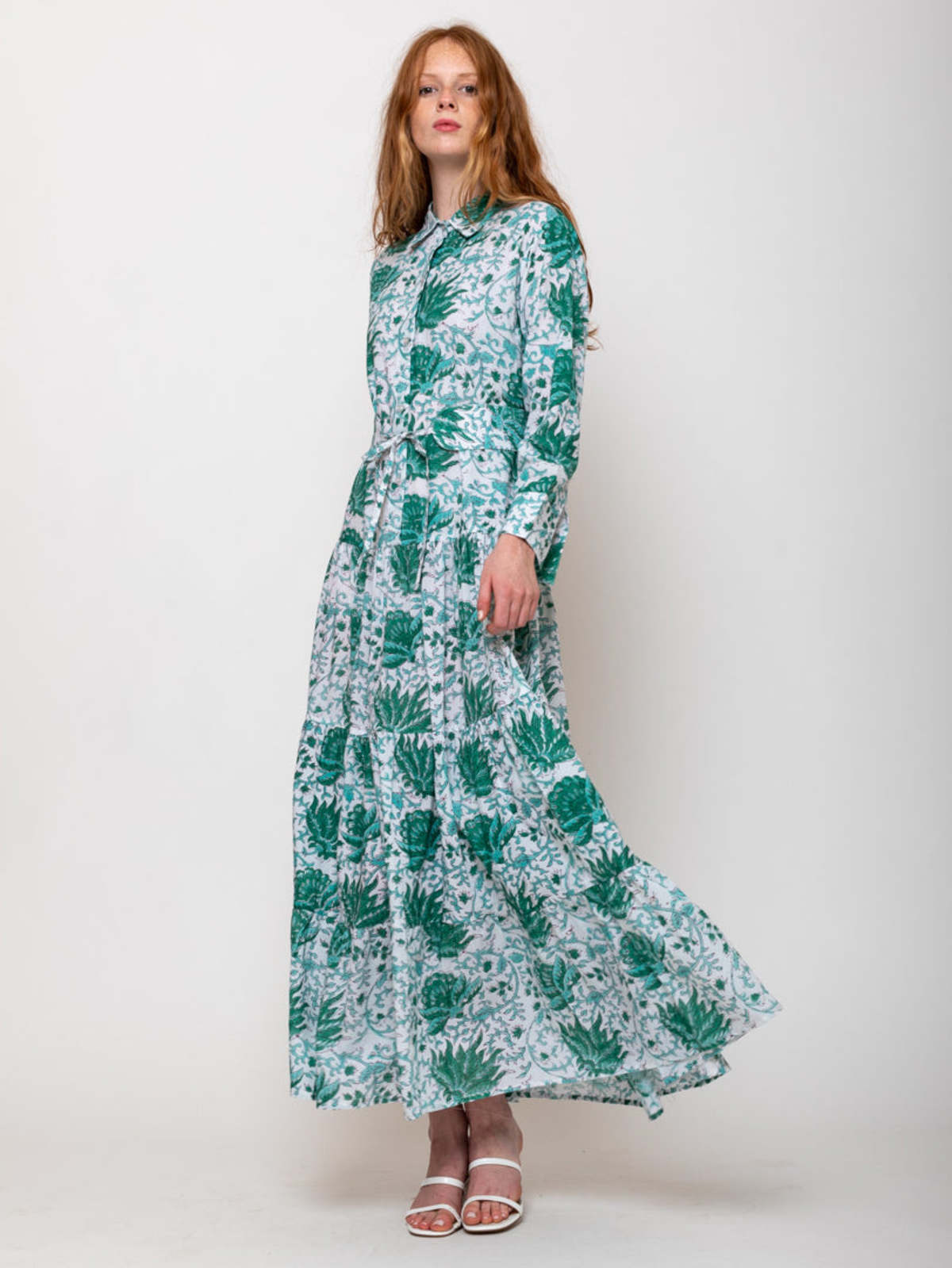 green knee length dress with sleeves Curve Floral Belted Midaxi Dress main image 1