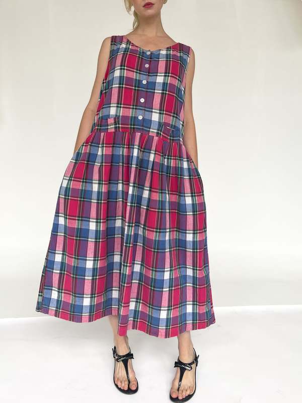 white christmas dresses Tide & Twilight Madras Checks Pleated Pintuck Button Down Dress main image 0