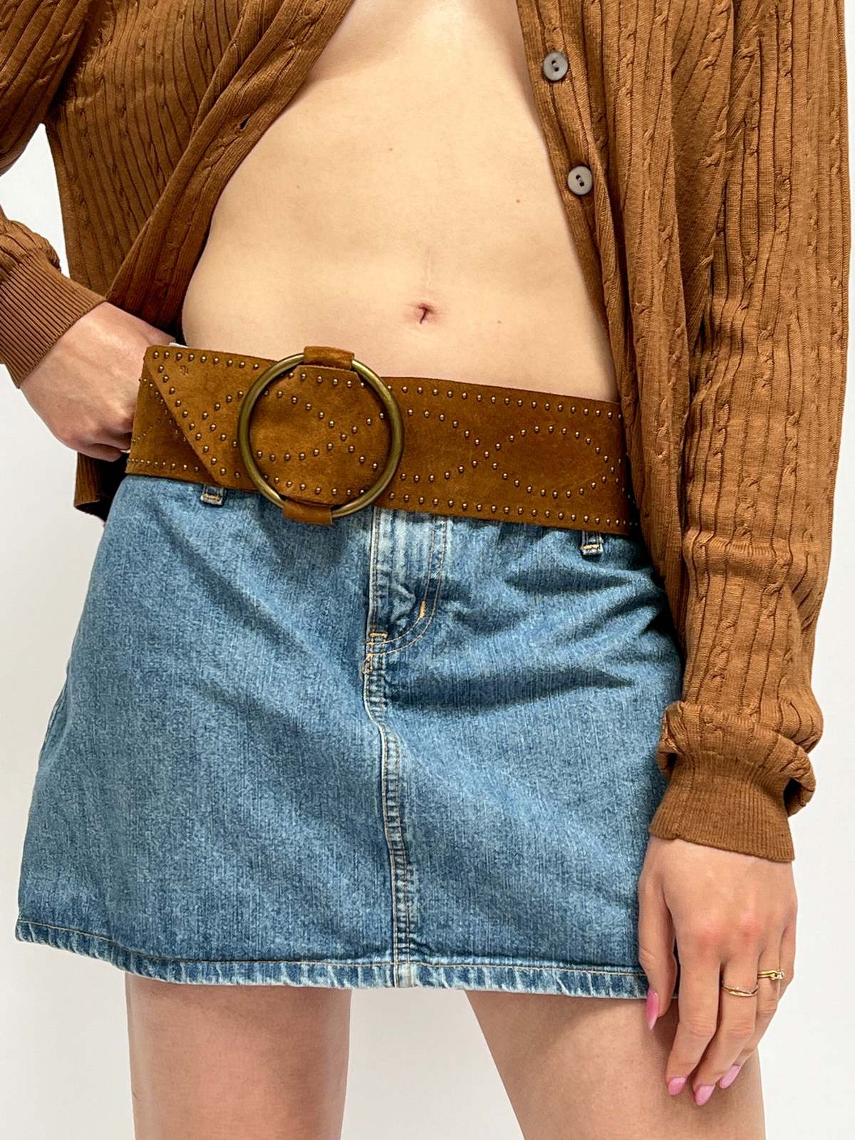 Suede Studded Waist Belt with Antique Gold Buckle - Blue Studded Suede Belt 4 cm Purple | VERSACE US main image 3