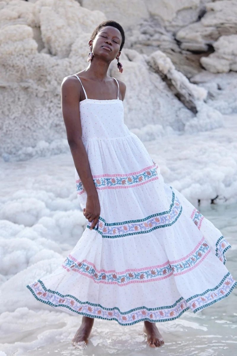 Oliphant Smocked Back Maxi - White/Gold Jamali | Garmentory Oliphant Smocked Back Maxi - White/Gold Jamali | Garmentory
