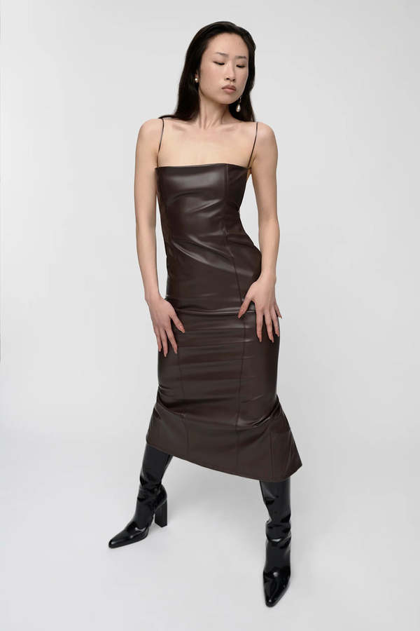 strapless open back dress Alice + Olivia Wynell Vegan Leather Open Bow Back Midi Dress in Black main image 0