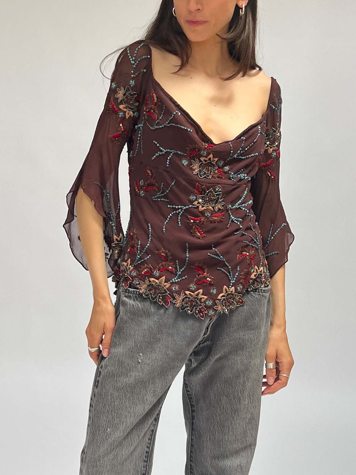Chocolate Silky Blouse Lace Back Reversible