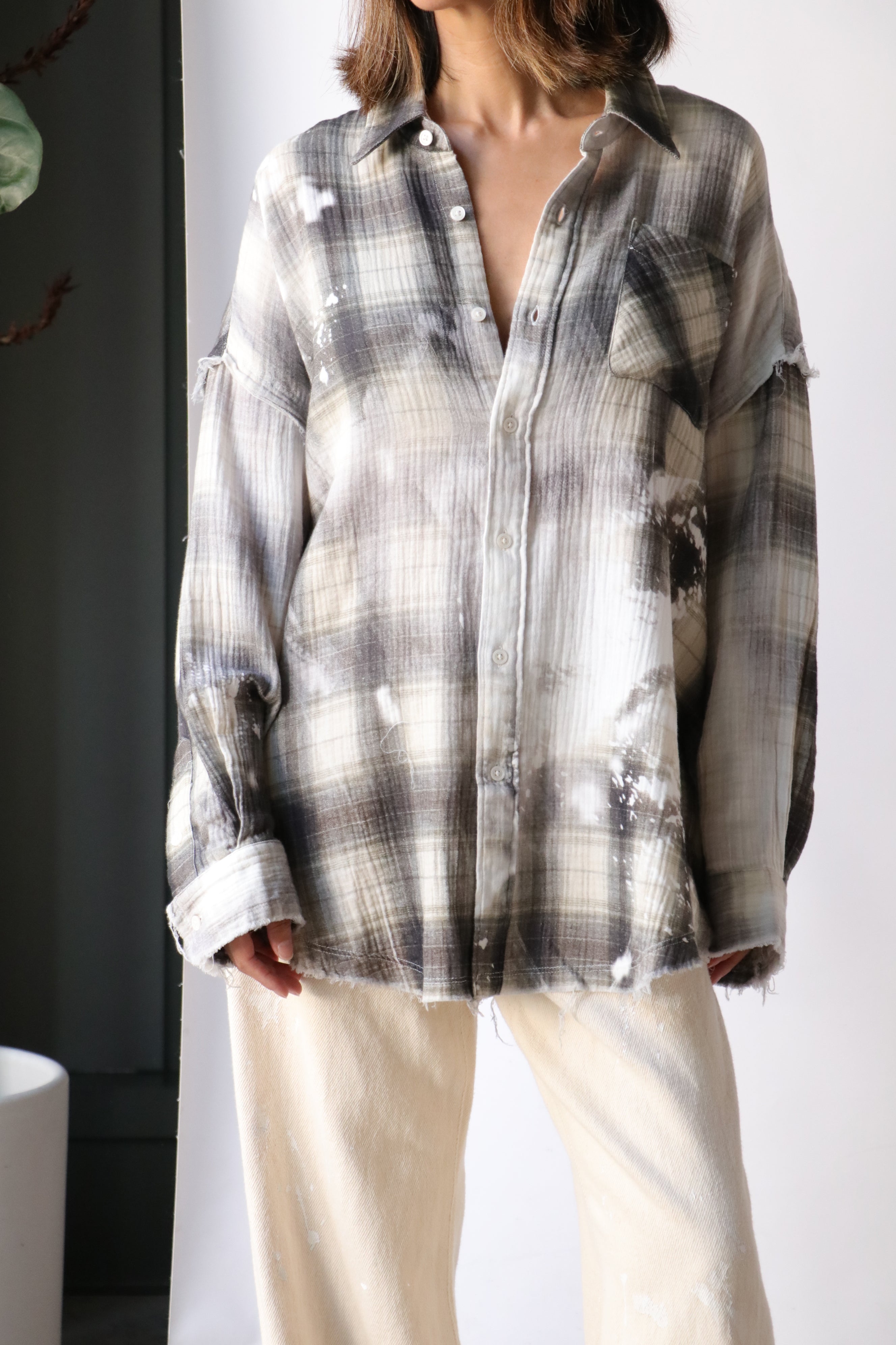 R13 Shredded Seam Drop Neck Shirt - Bleached Grey Plaid | Garmentory