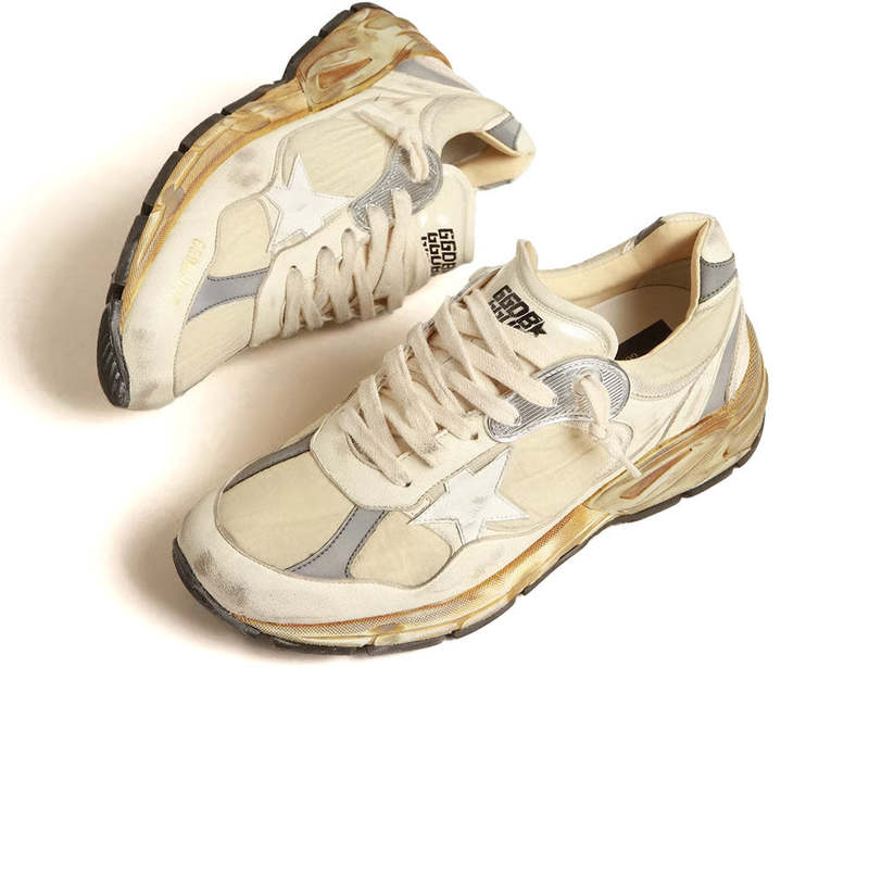 スニーカー Golden  Sneaker Dad-Star In Pelle Dad-Star pour homme en résille et cuir lamé argenté avec