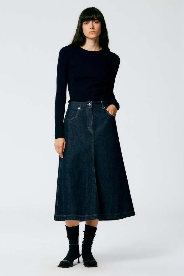 Tibi Indigo Denim Midi A-Line Skirt - Dark Denim | Garmentory