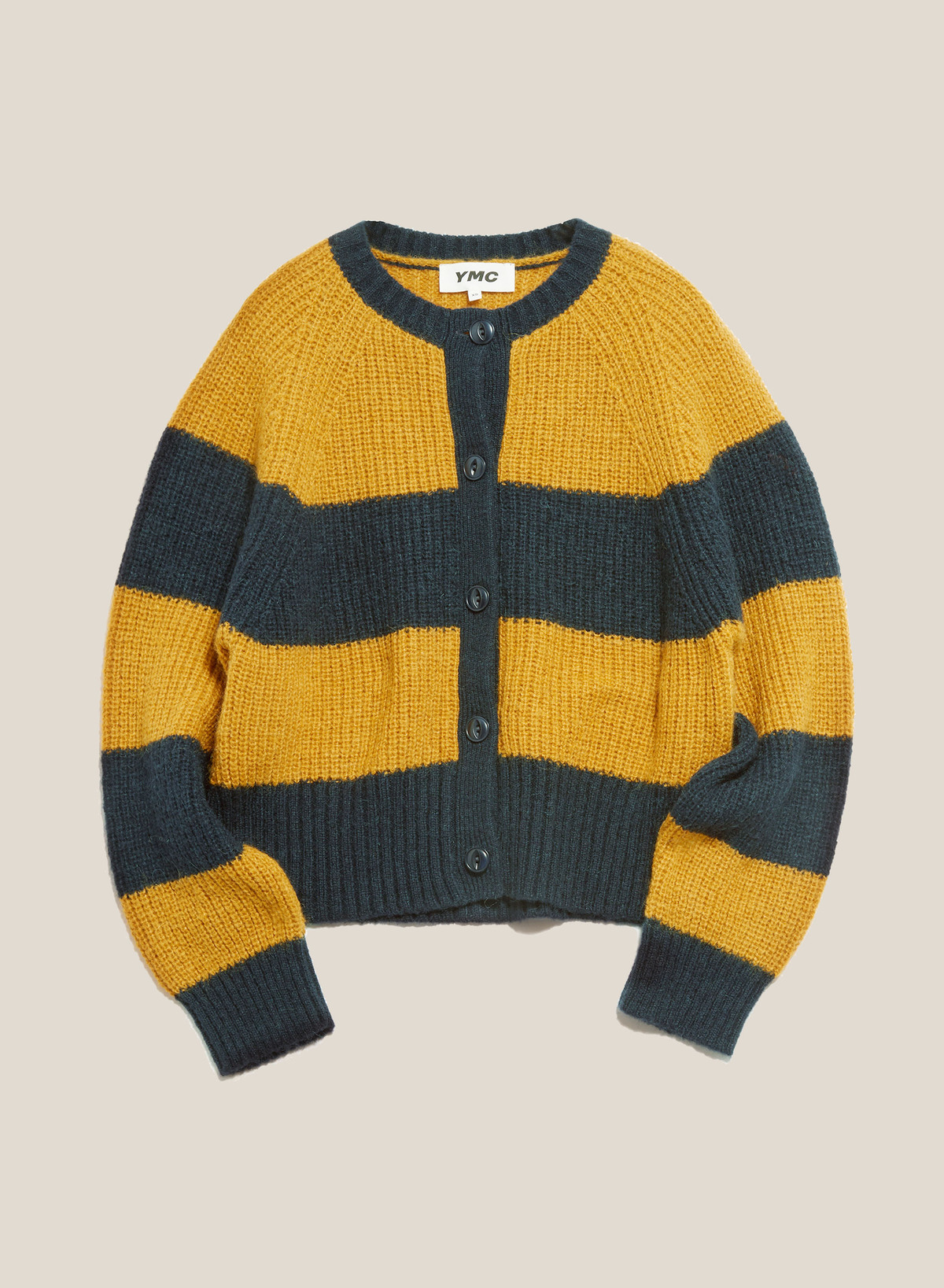 YMC Foxtail Stripe Cardigan - Navy/Yellow | Garmentory