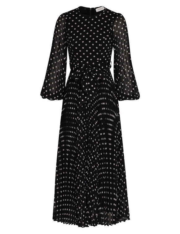 Sunray Long Sleeve Midi Dress in Black/Cream Dot | Garmentory