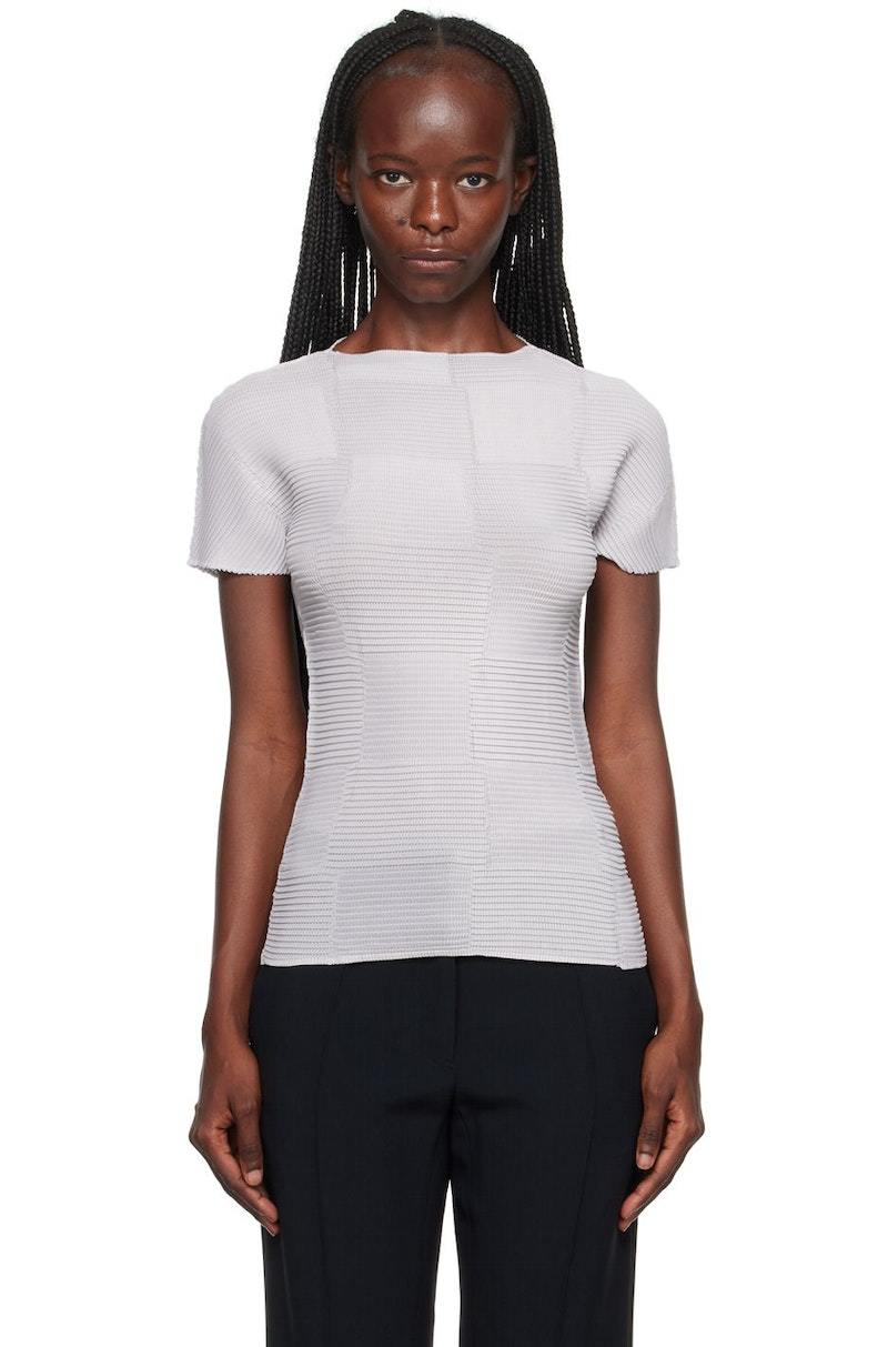 Tシャツ・カットソー ISSEY MIYAKE SS25 WOOLY PLEATS-56 SHIRT (IM56FJ403 89) Issey Miyake Checkered Pleats T-Shirt - Light Gray | Garmentory
