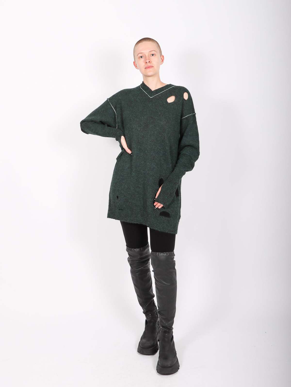 MM6 Maison Margiela V-Neck Sweater Dress - Dark Green | Garmentory
