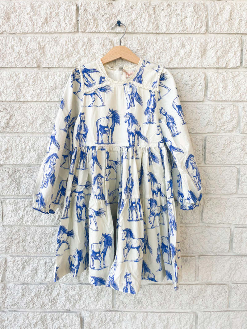 Kids Pink Chicken GIRLS CHARLIE DRESS - BLUE HORSES | Garmentory