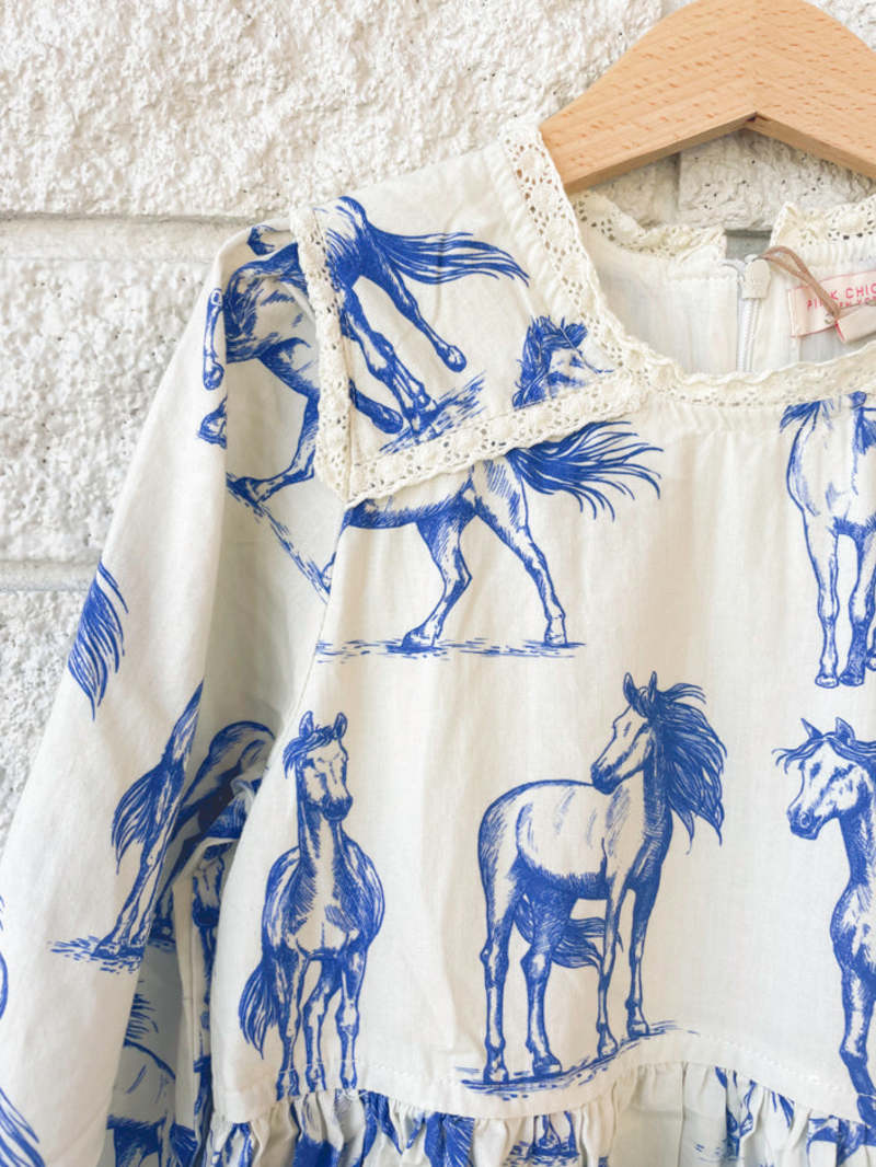 Kids Pink Chicken GIRLS CHARLIE DRESS - BLUE HORSES | Garmentory