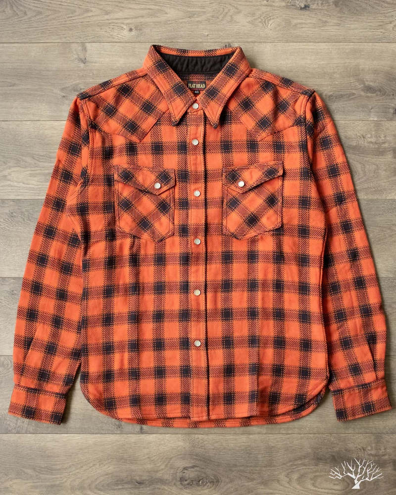 【HI FI FNK】Ombre Check Shirt Flat Head Ombre Check Flannel Western Shirt - Orange/Black