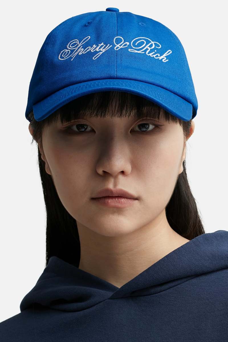 Sporty Rich Cursive Logo Hat - Royal Blue/White | Garmentory