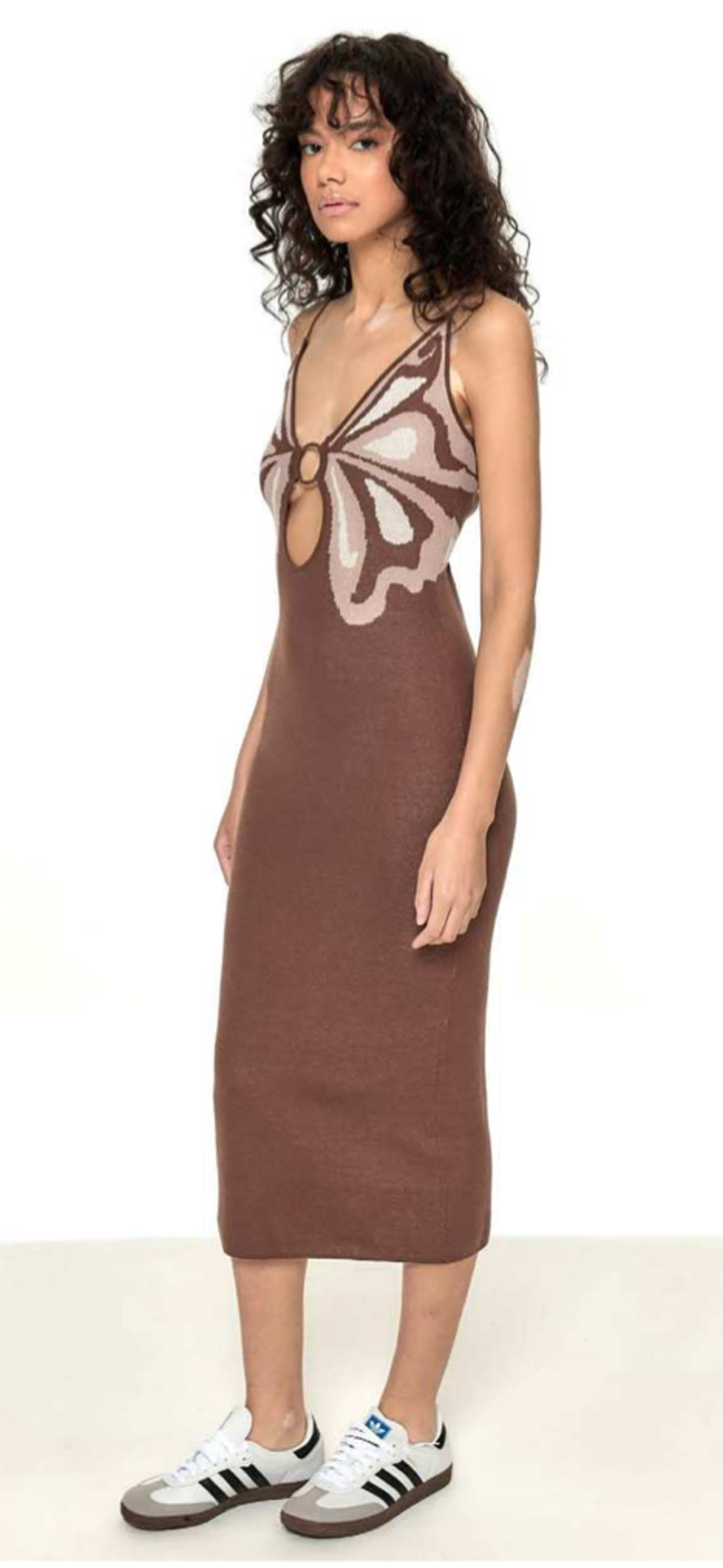 knee length dresses for ladies Queen of Sparkles Tan Multi Butterfly Knit Midi Dress Xs main image 1