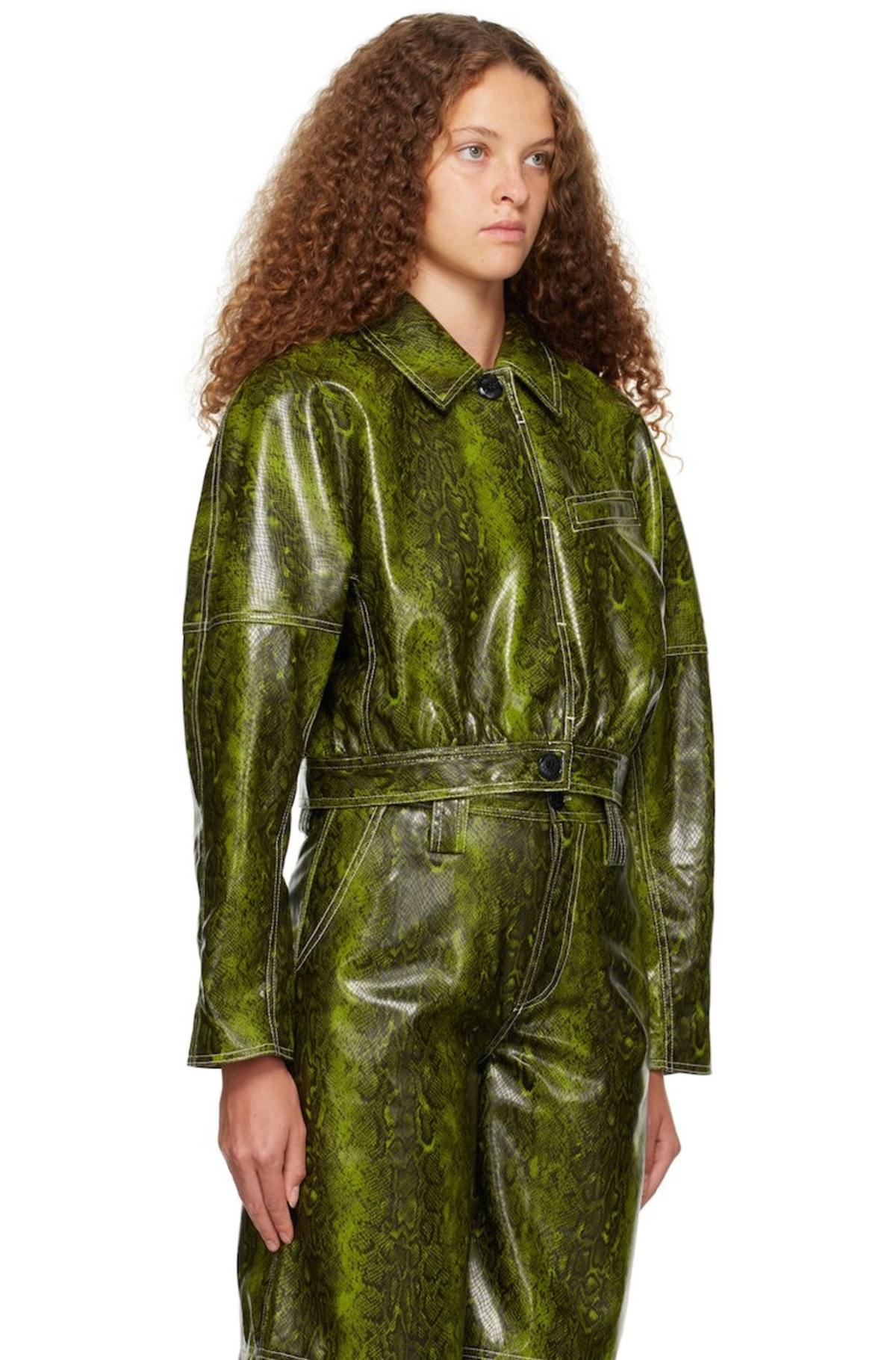 GANNI Snake Faux-Leather Jacket Spinach Green Garmentory