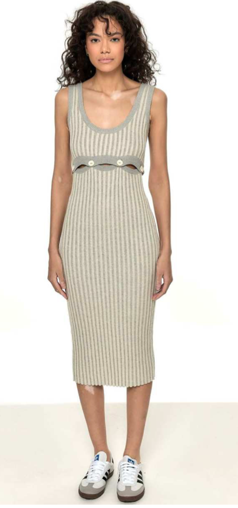 Shop Homme Femme Inc. Button Rib Knit Midi Dress - Grey/Cream Shop Homme Femme Inc. Button Rib Knit Midi Dress - Grey/Cream