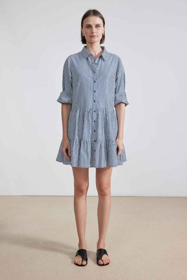 Zara Blue And White Striped Shirt Dress Women's blue-and-white midi-lenght  shirt dress
