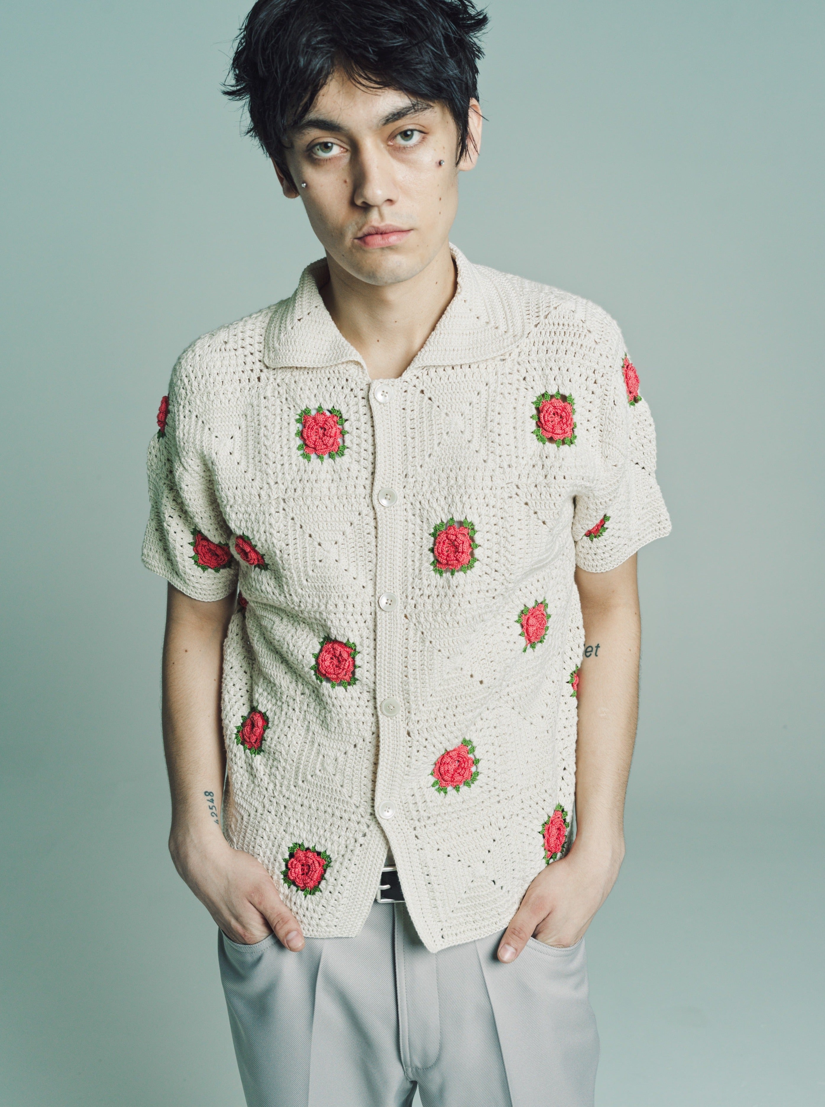 BODE Rosette Crochet Short Sleeve Shirt - Pink roses | Garmentory
