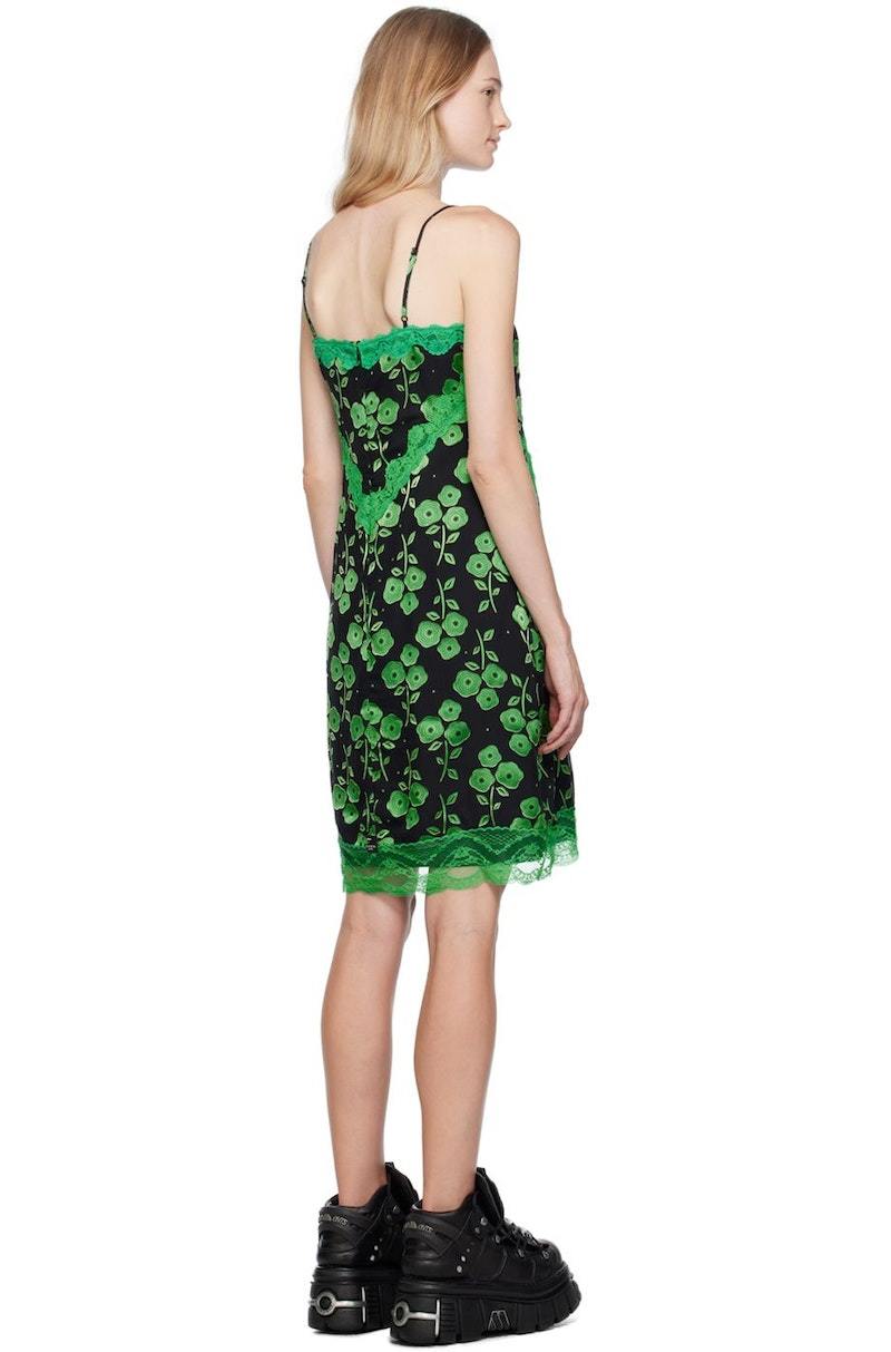 Anna Sui Black & Green Stitched Poppies Midi Dress - Black/Clover |  Garmentory