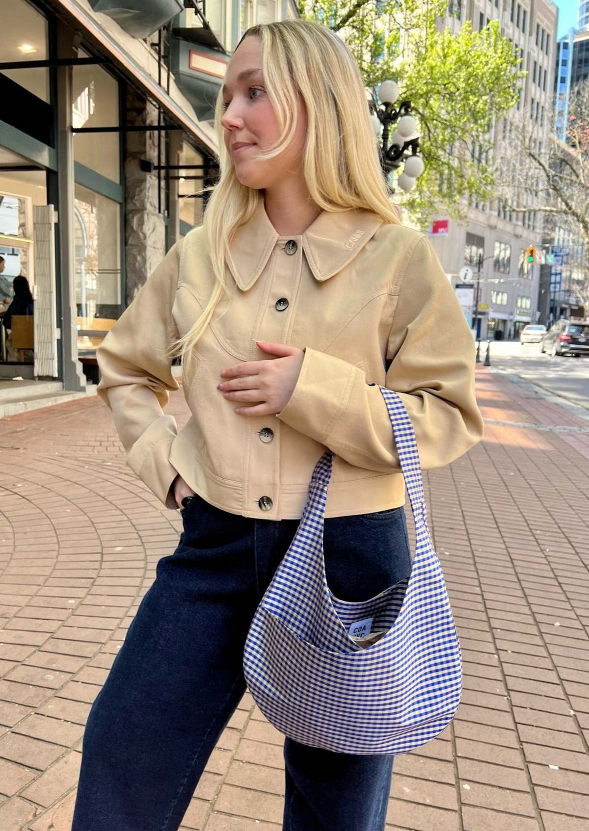COA NYC Mini Hobo Bag - Blue/Cream Gingham | Garmentory