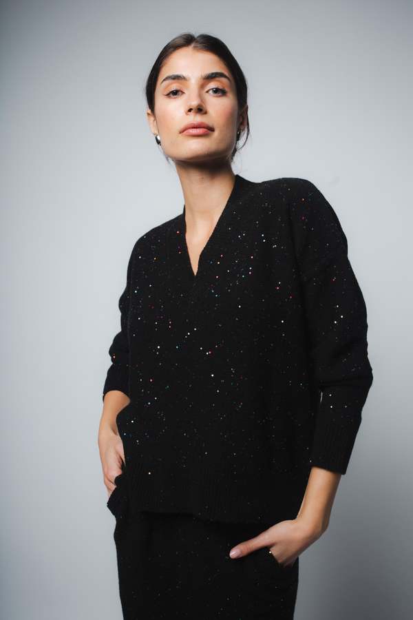 Santicler Crista Sequin Cashmere V-neck Sweater - Black Sparkle