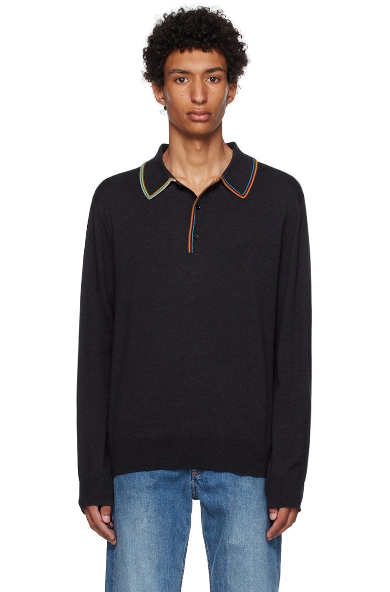 PAUL SMITH Signature Stripe Polo Charcoal Gray Garmentory