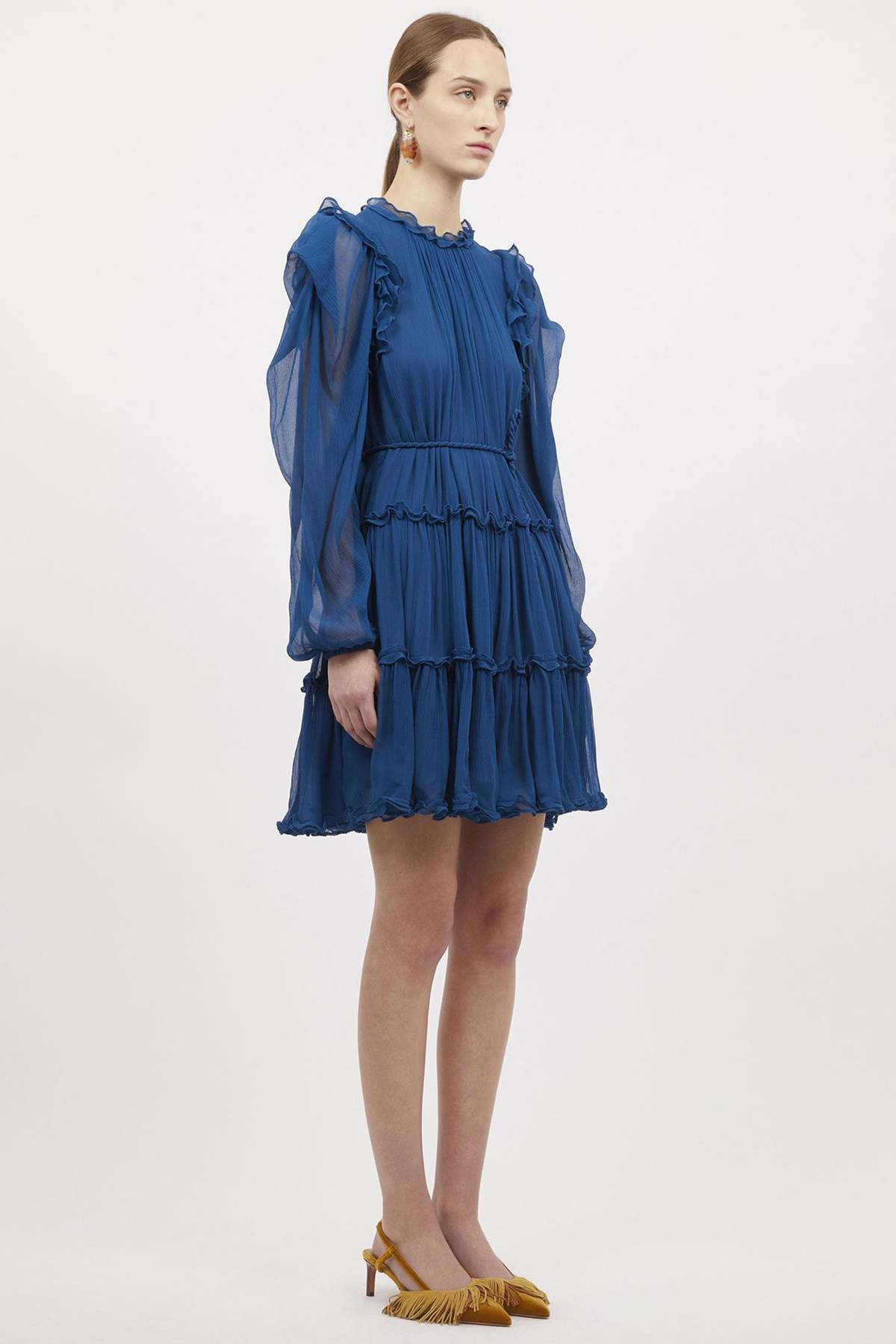 knee length dresses for ladies Blue Sapphire Colorblock Split V Neck Puff Sleeve Mini Dress – Blue Zone  Planet main image 1